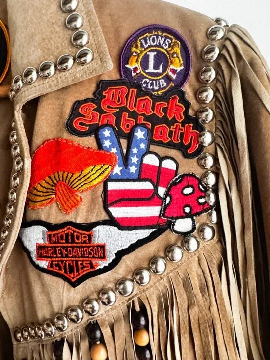 Vintage Light Beige Fringe Suede Jacket with Patches S - Picture 5 of 15